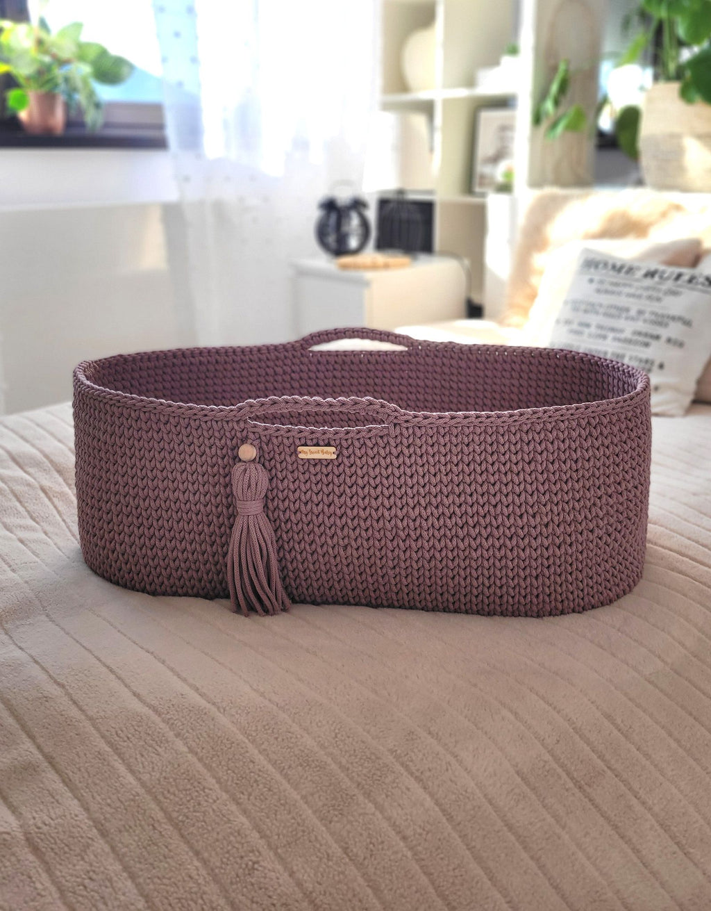 Moses basket BOHO Handmade cotton with mattress - mauve