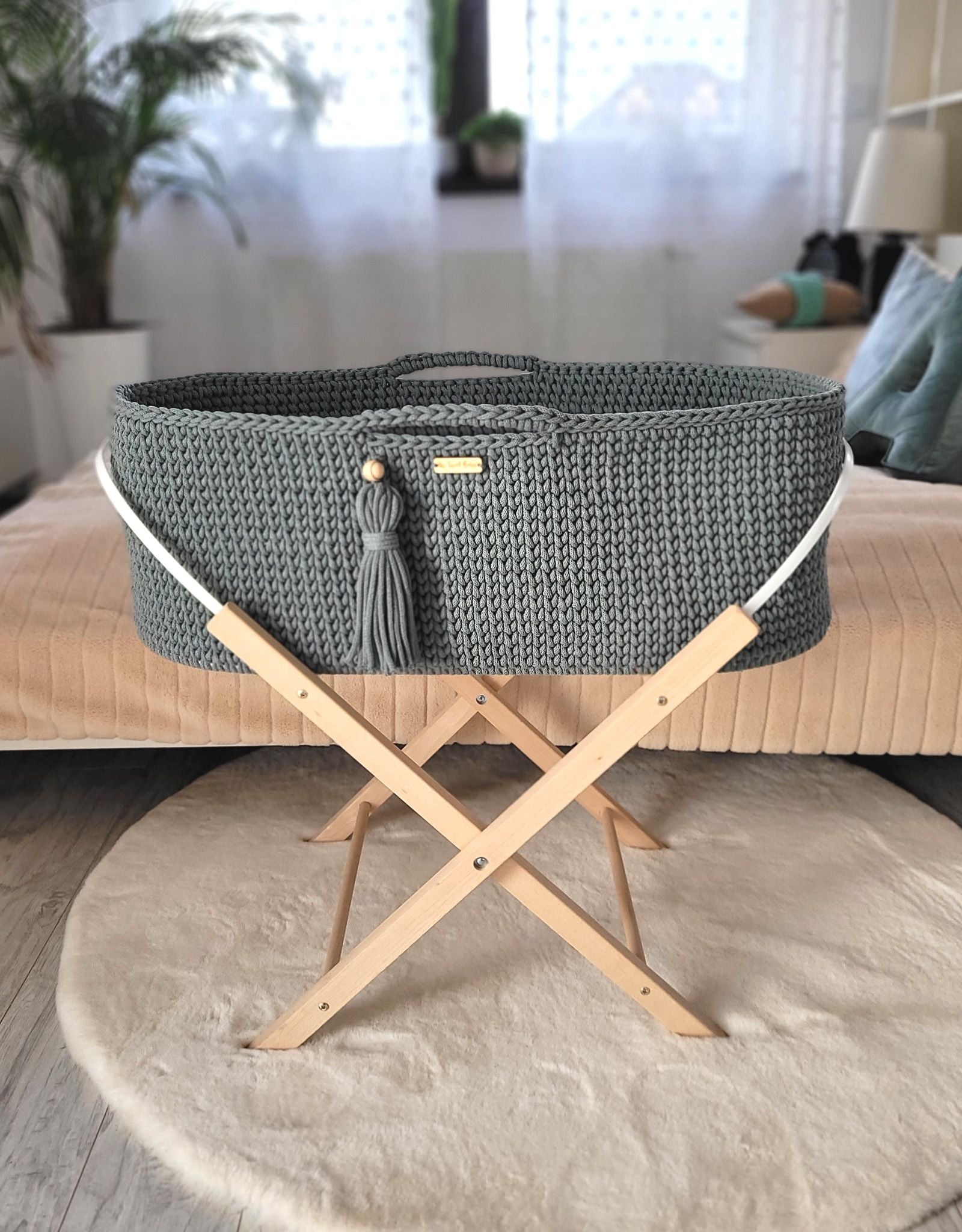 Moses basket BOHO Handmade cotton with mattress - laurel