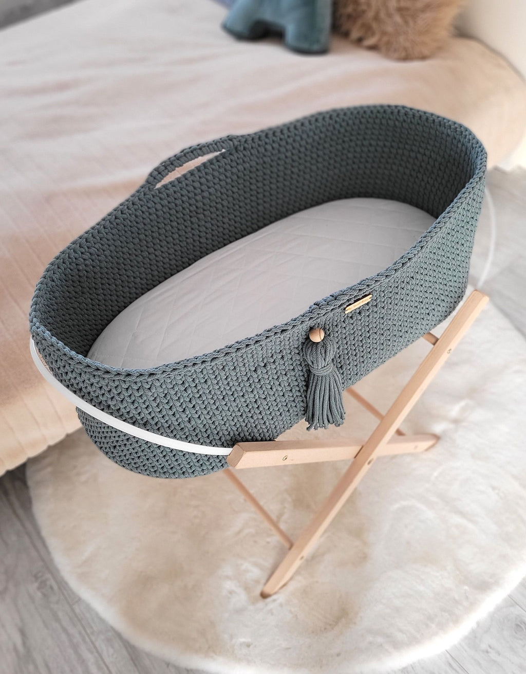 Moses basket BOHO Handmade cotton with mattress - laurel