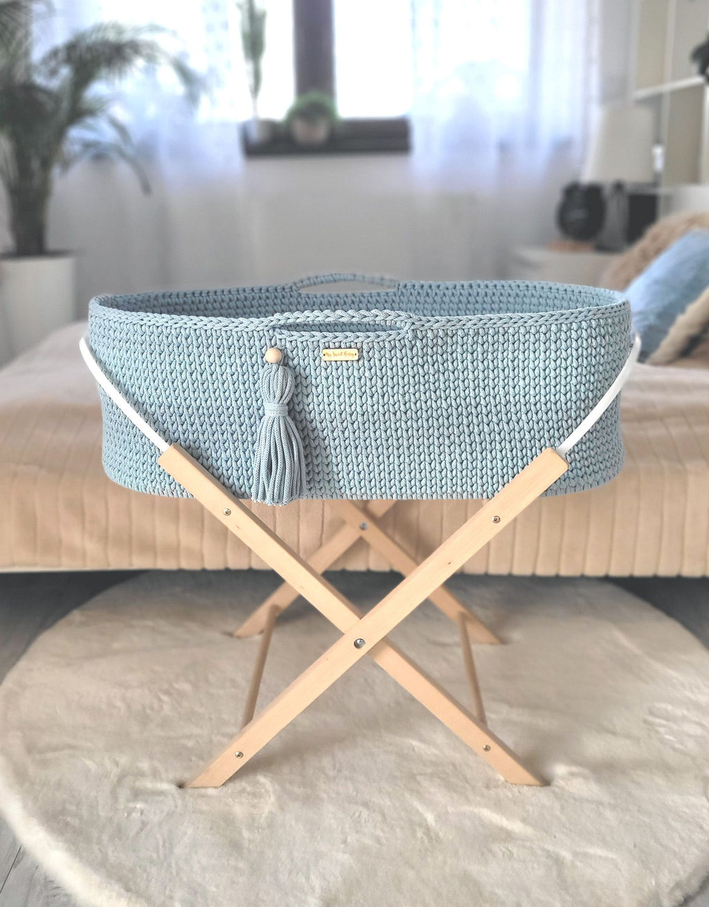 Moses basket BOHO Handmade cotton with mattress - misty blue