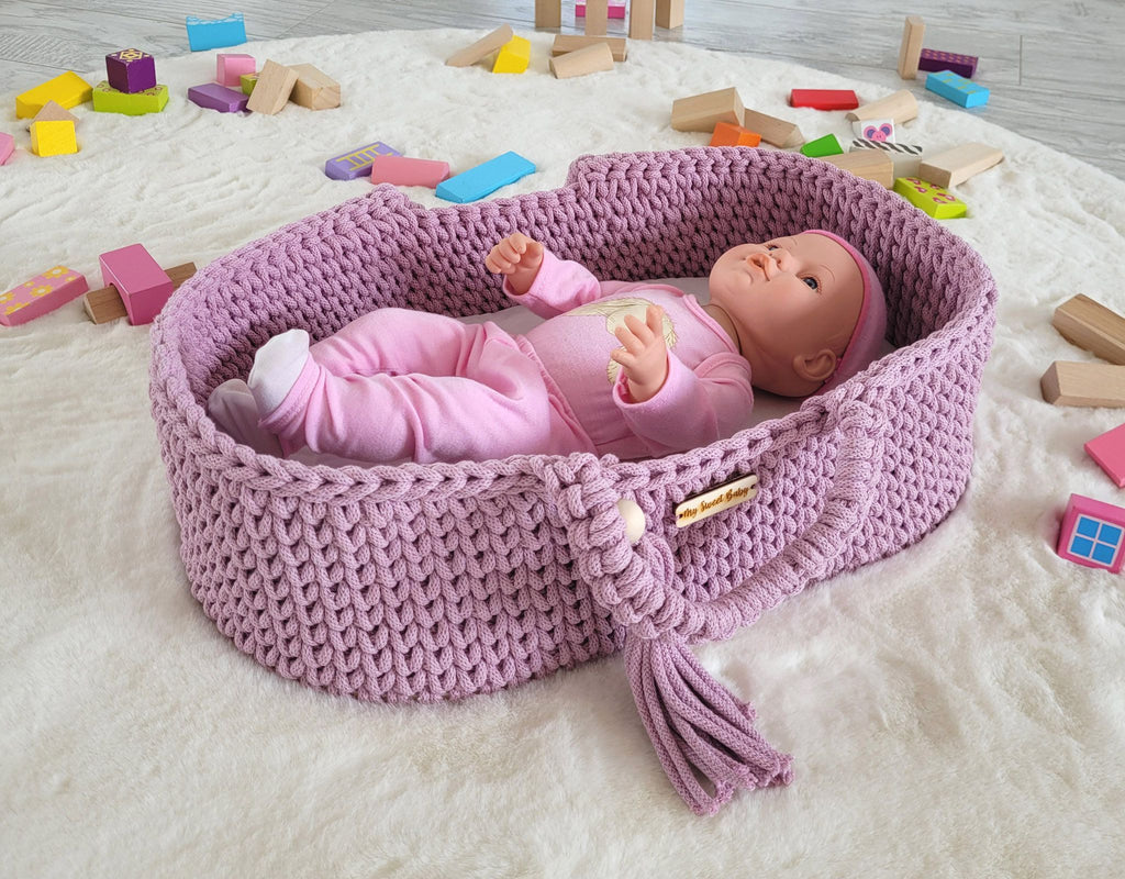 Moses basket BOHO cotton - doll carrier - lavender