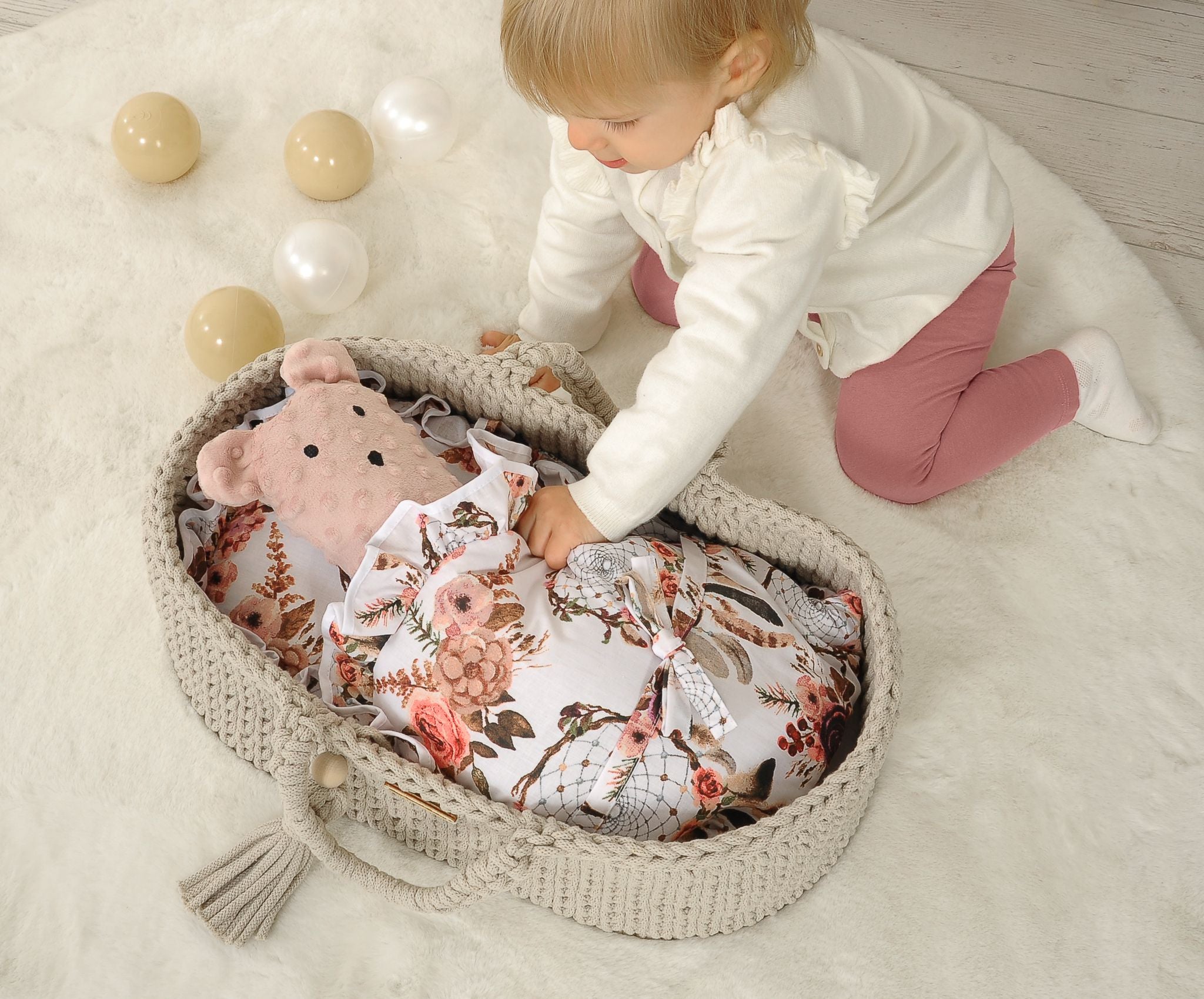 Moses basket BOHO cotton - doll carrier - light beige