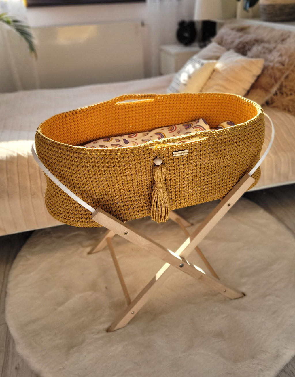 Moses basket BOHO Handmade cotton with mattress - honey yellow