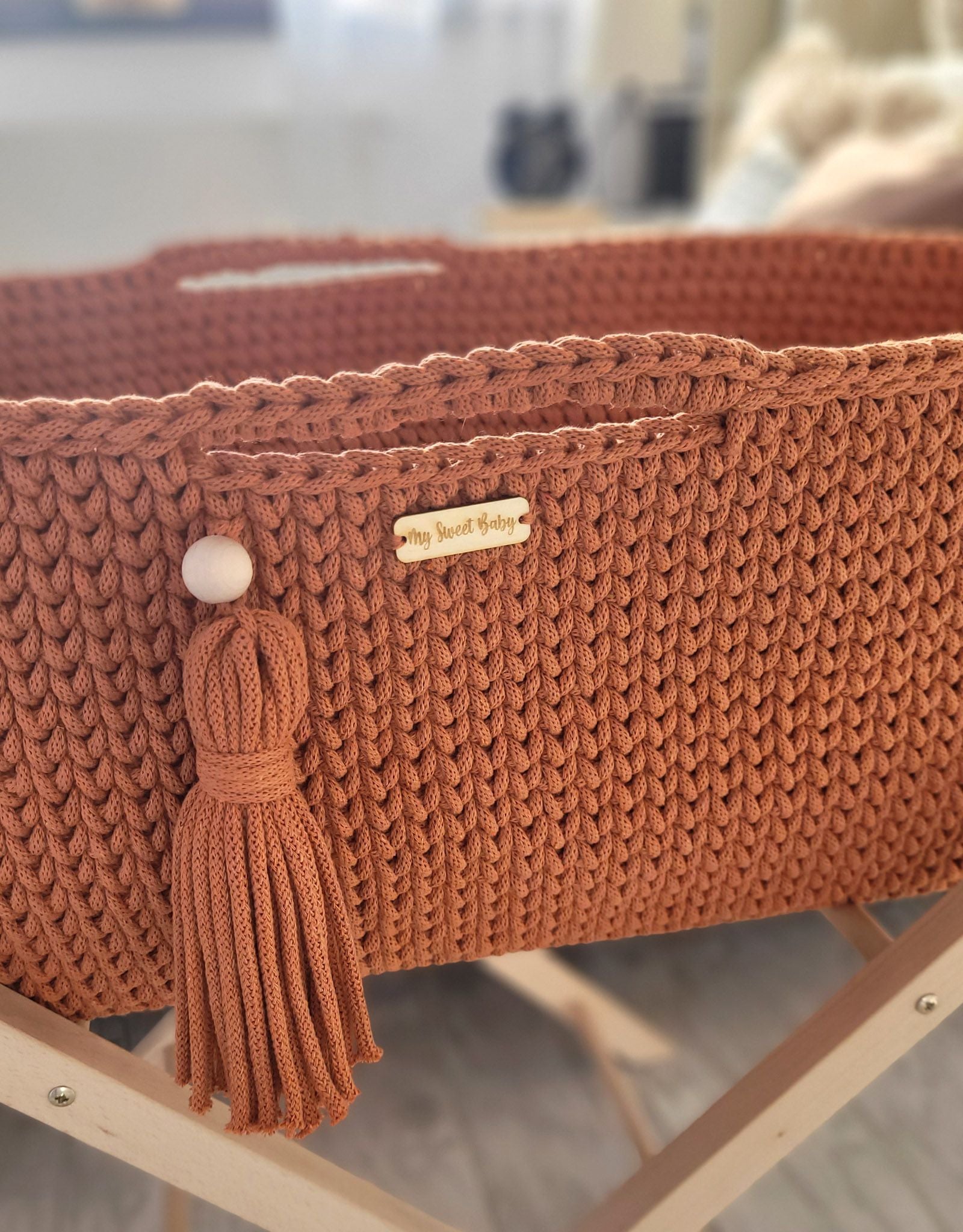 Moses basket BOHO Handmade cotton with mattress - terracotta