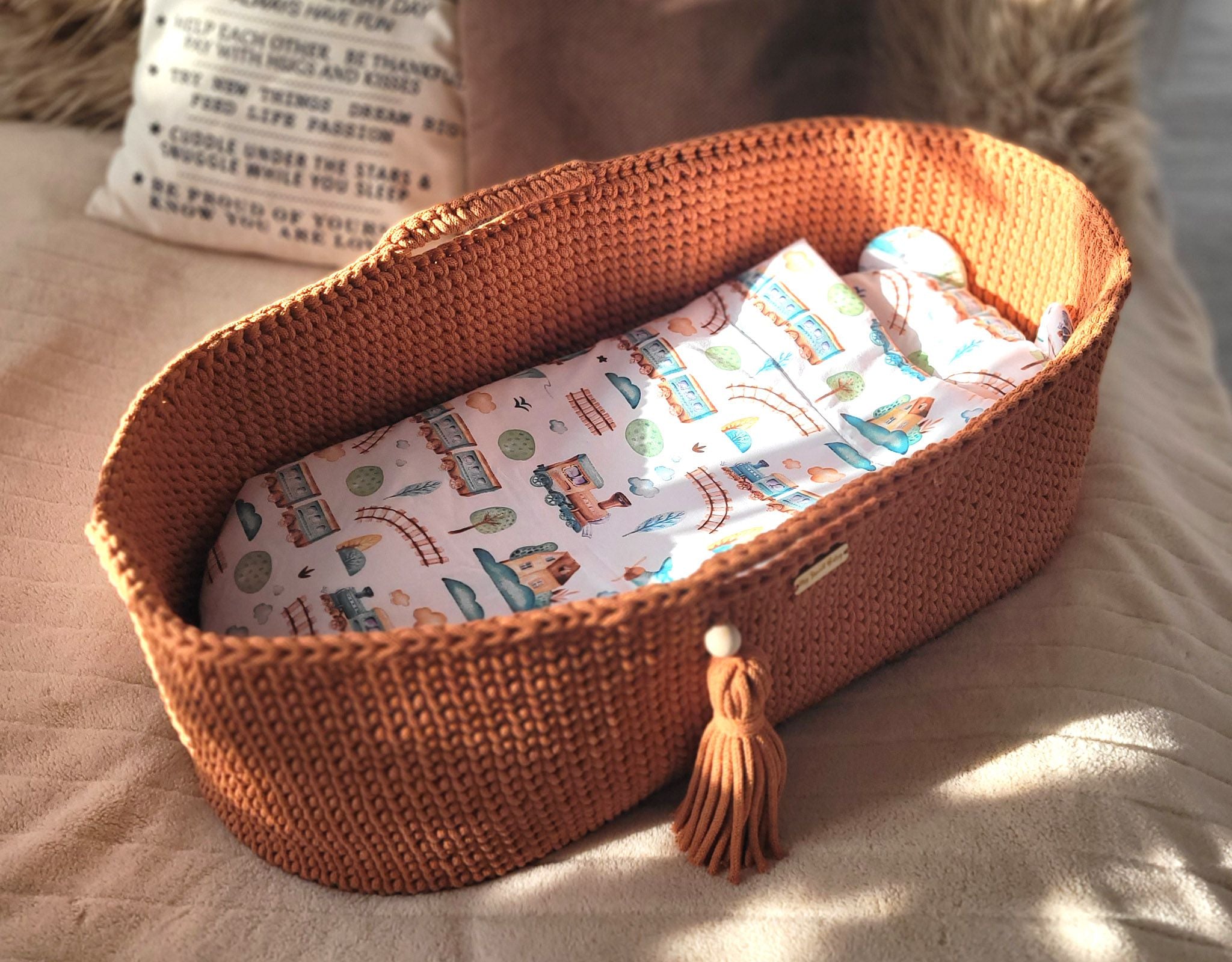 Moses basket BOHO Handmade cotton with mattress - terracotta
