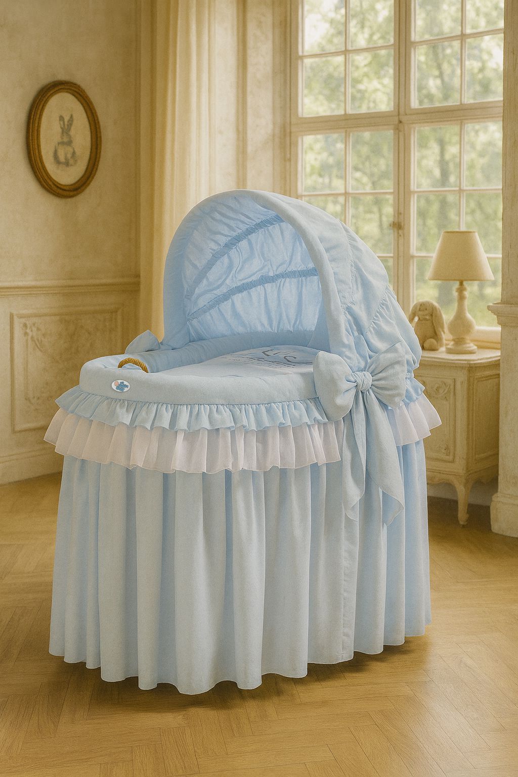 Moses Basket/Wicker hood crib- Little Prince blue