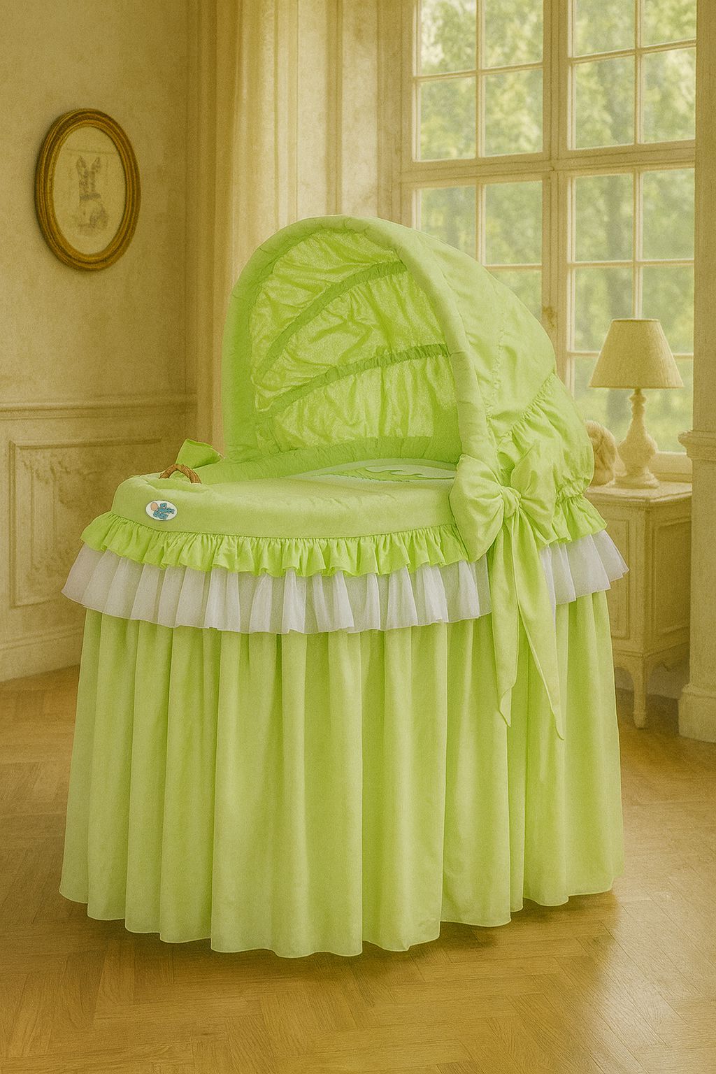Moses Basket/Wicker hood crib- Little Princess green