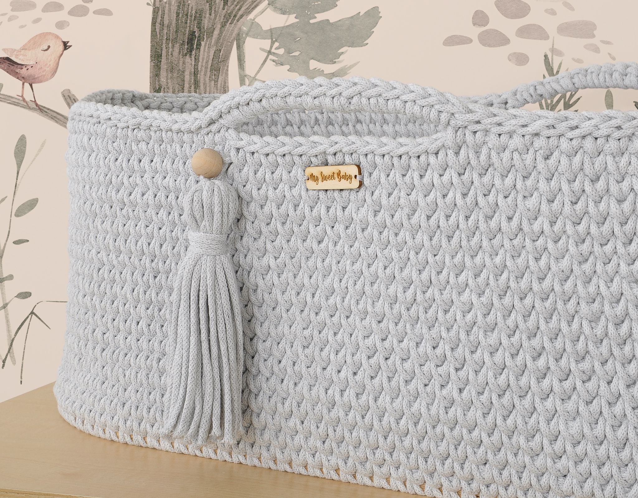 Moses basket BOHO Handmade cotton with mattress - light gray