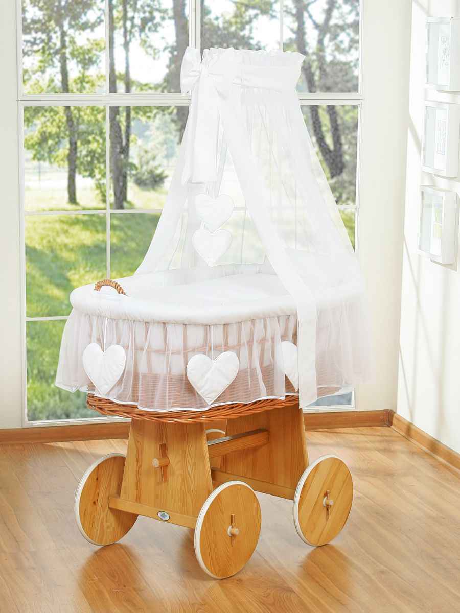 Moses Basket Wicker drape crib Amelie - natural + white bedding