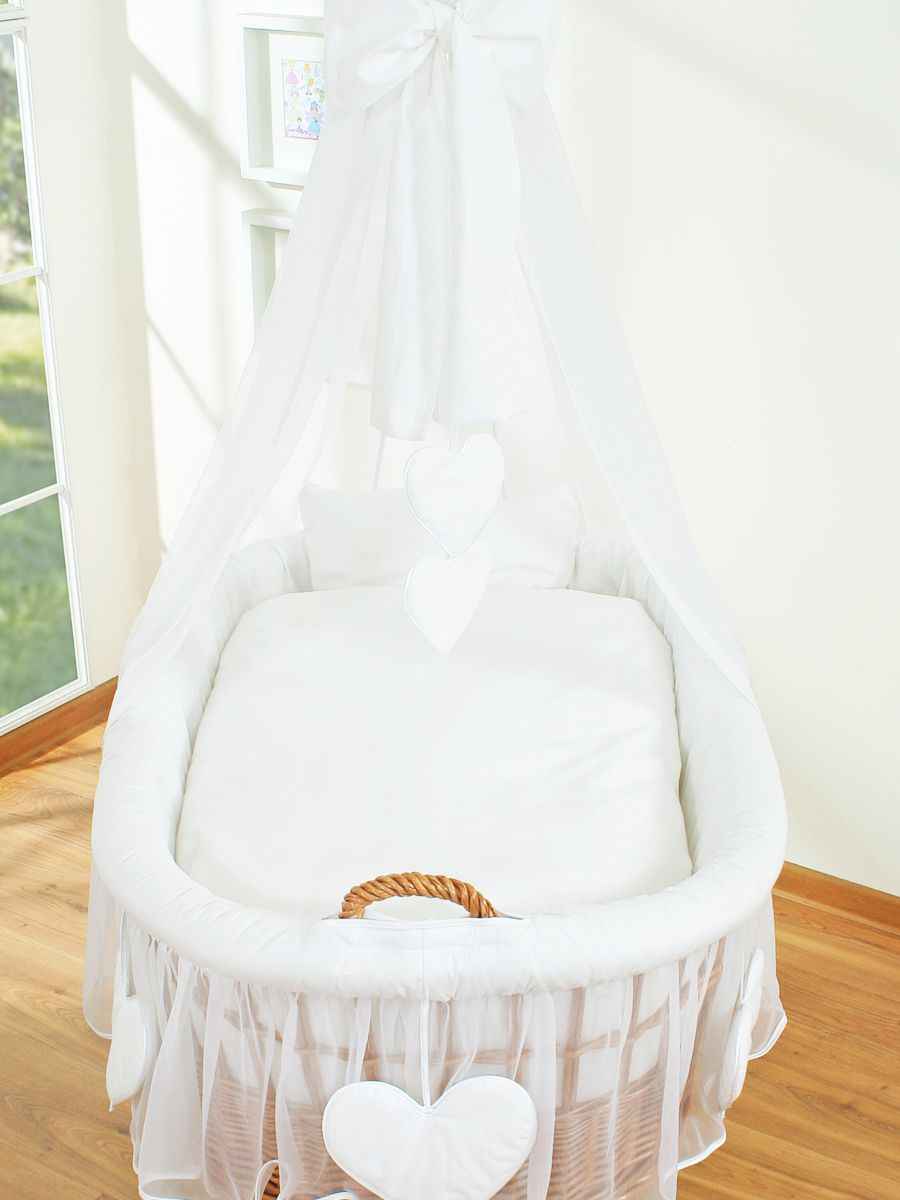 Moses Basket Wicker drape crib Amelie - natural + white bedding