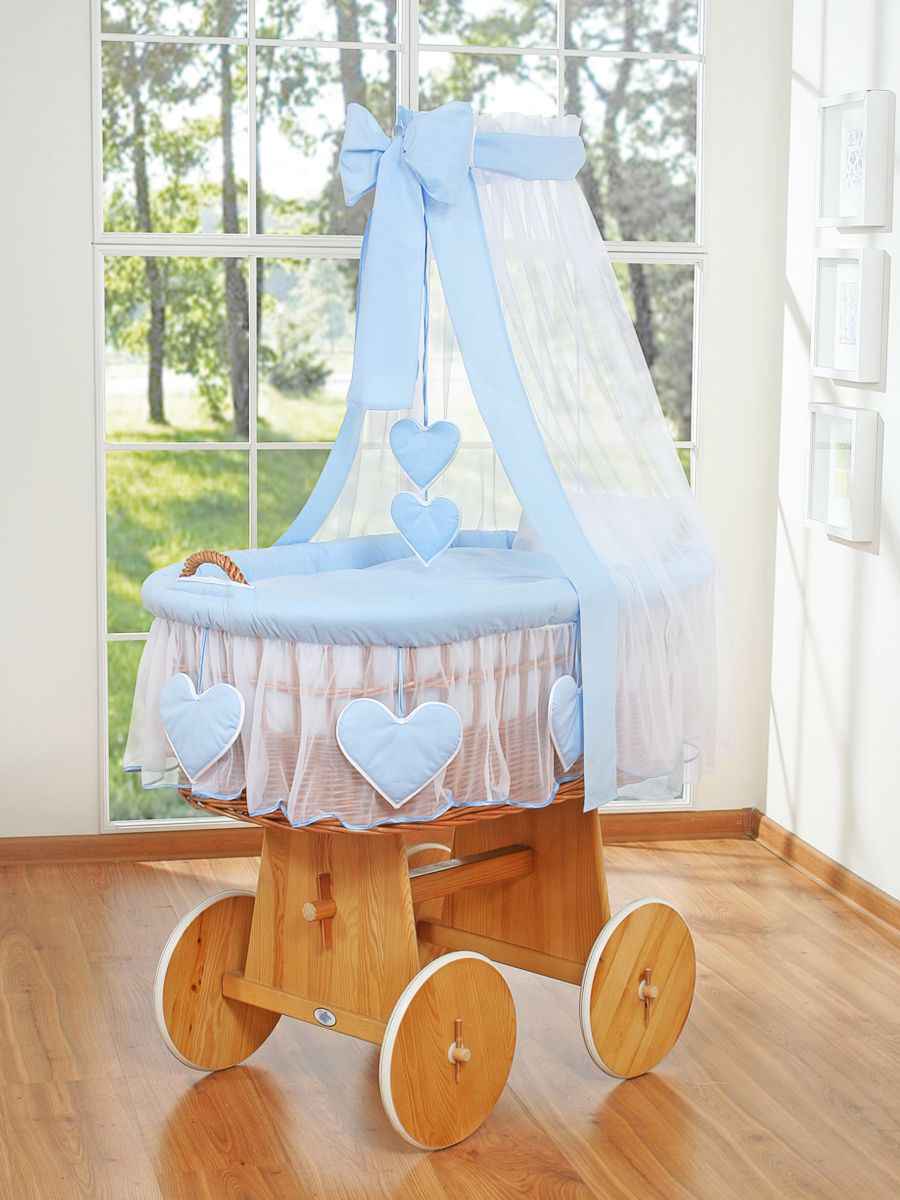 Moses Basket Wicker drape crib Amelie - natural + blue bedding