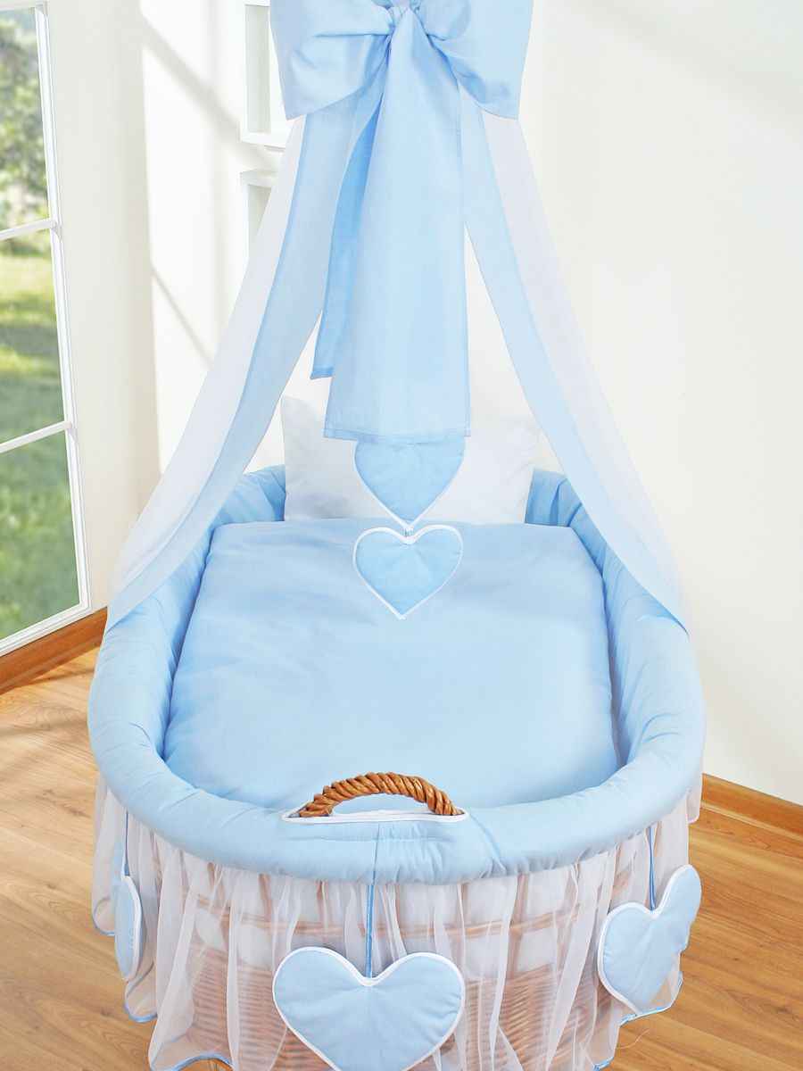 Moses Basket Wicker drape crib Amelie - natural + blue bedding