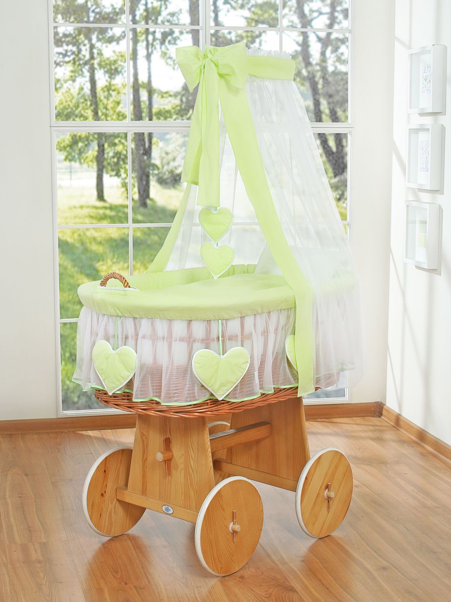 Moses Basket Wicker drape crib Amelie - natural + green bedding