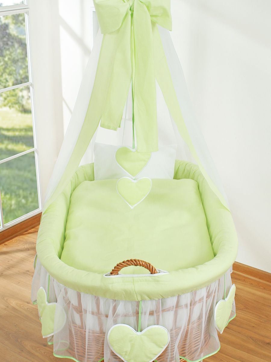 Moses Basket Wicker drape crib Amelie - natural + green bedding