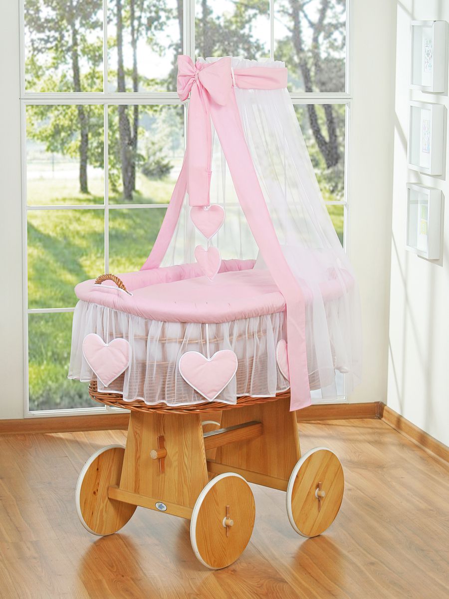 Moses Basket Wicker drape crib Amelie - natural + pink bedding