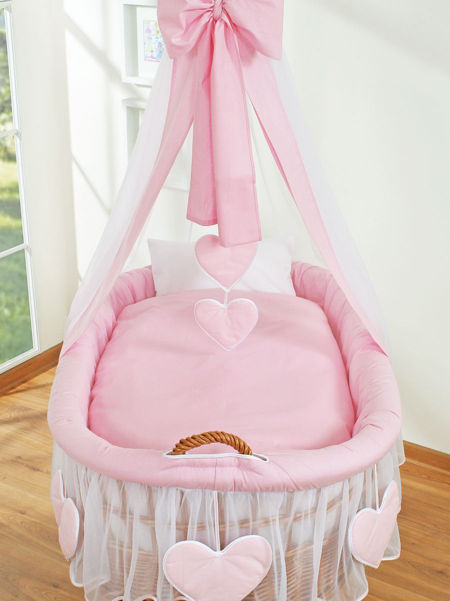 Moses Basket Wicker drape crib Amelie - natural + pink bedding