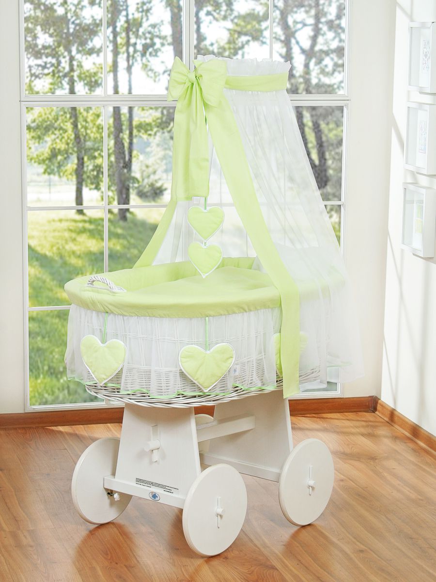 Moses Basket Wicker drape crib Amelie - white + green bedding
