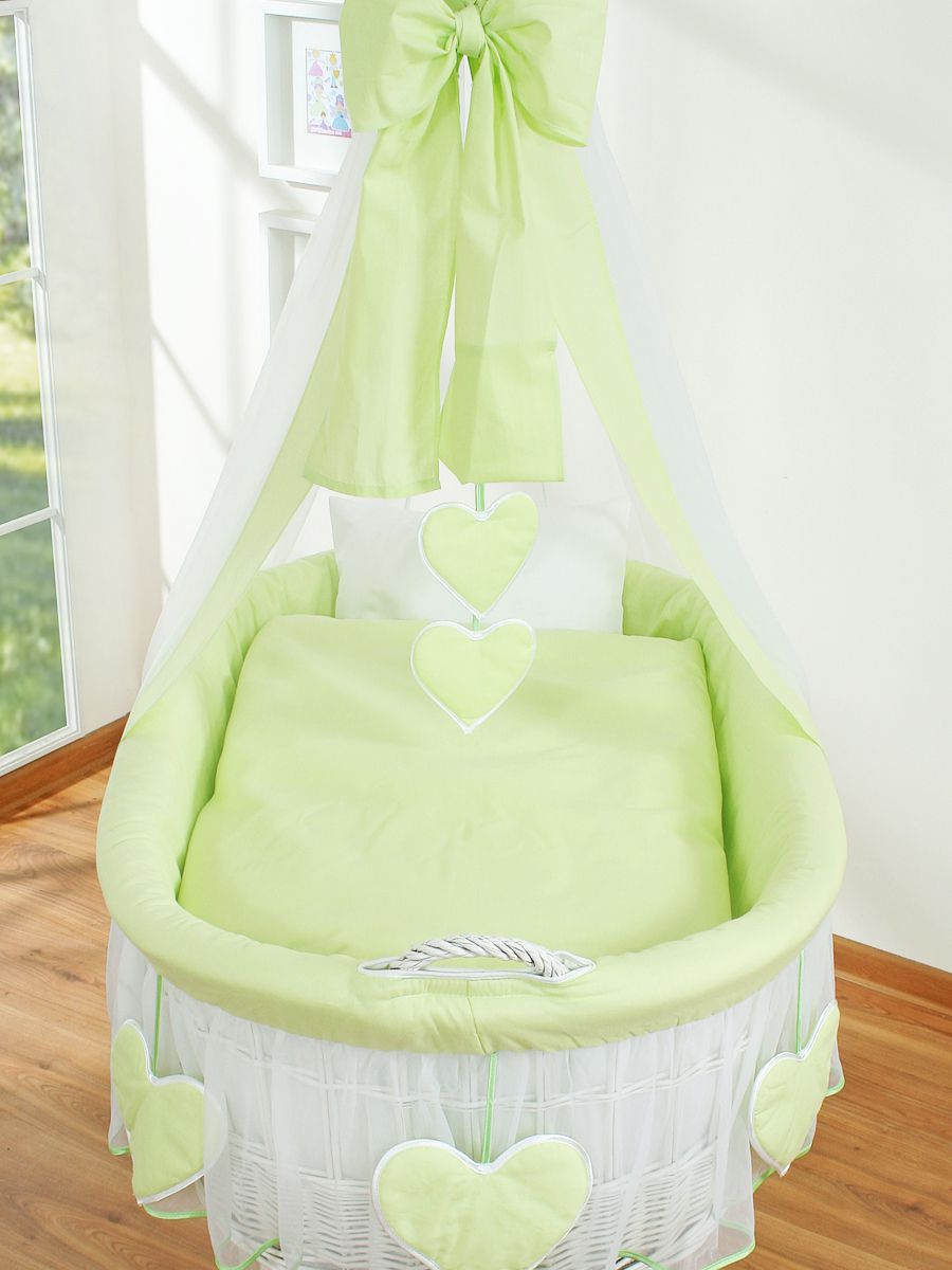 Moses Basket Wicker drape crib Amelie - white + green bedding