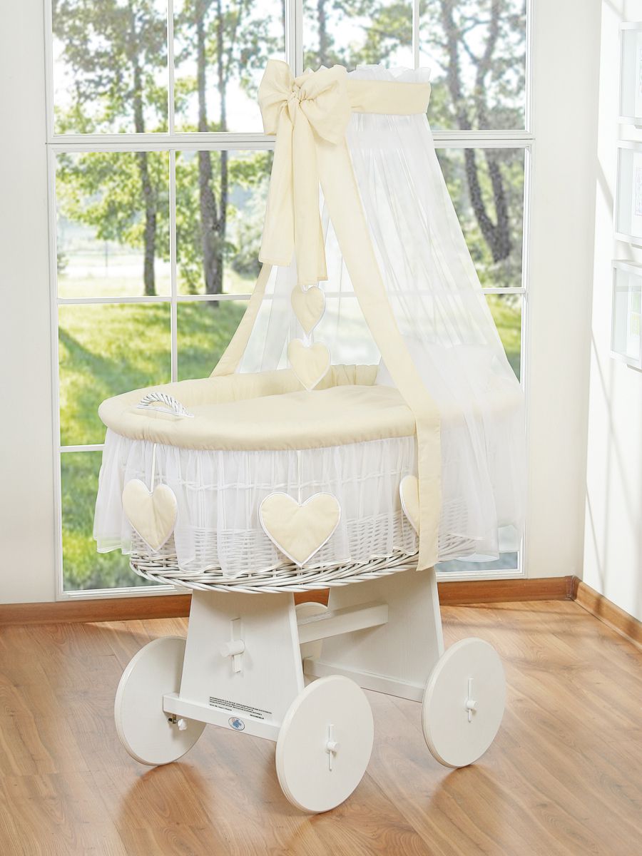 Moses Basket Wicker drape crib Amelie - white + cream bedding
