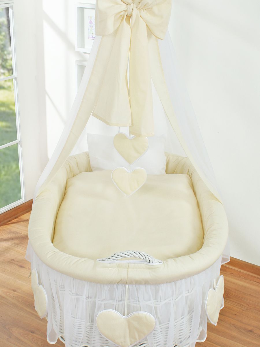Moses Basket Wicker drape crib Amelie - white + cream bedding