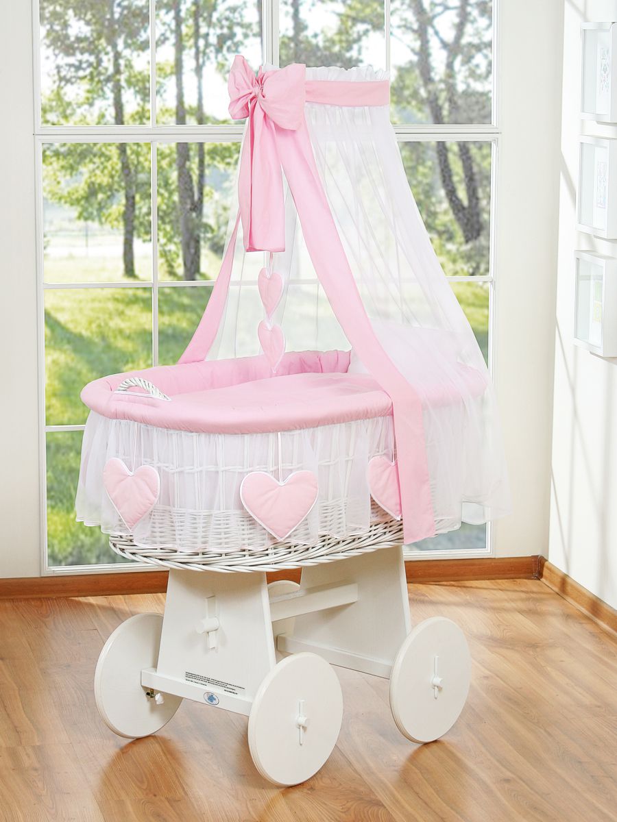 Moses Basket Wicker drape crib Amelie - white + pink bedding