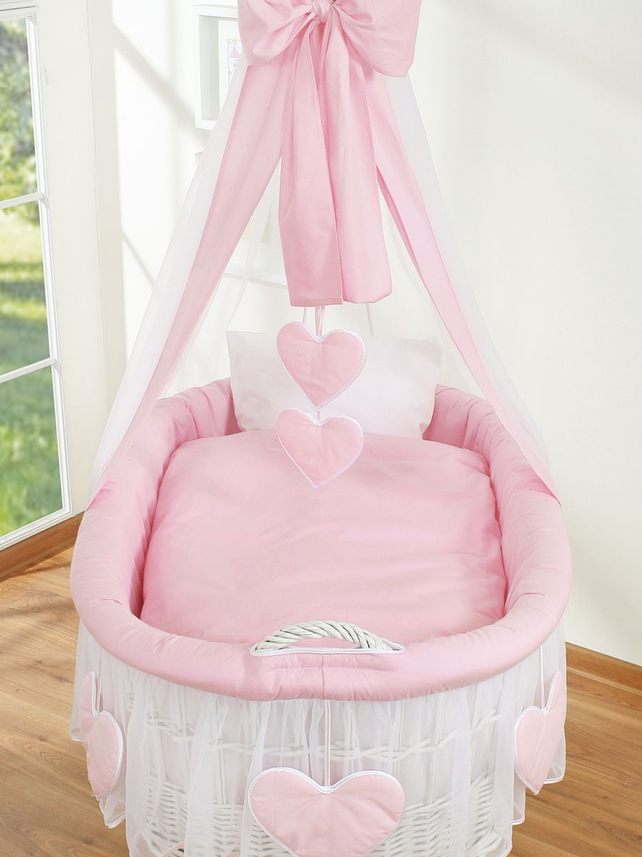 Moses Basket Wicker drape crib Amelie - white + pink bedding