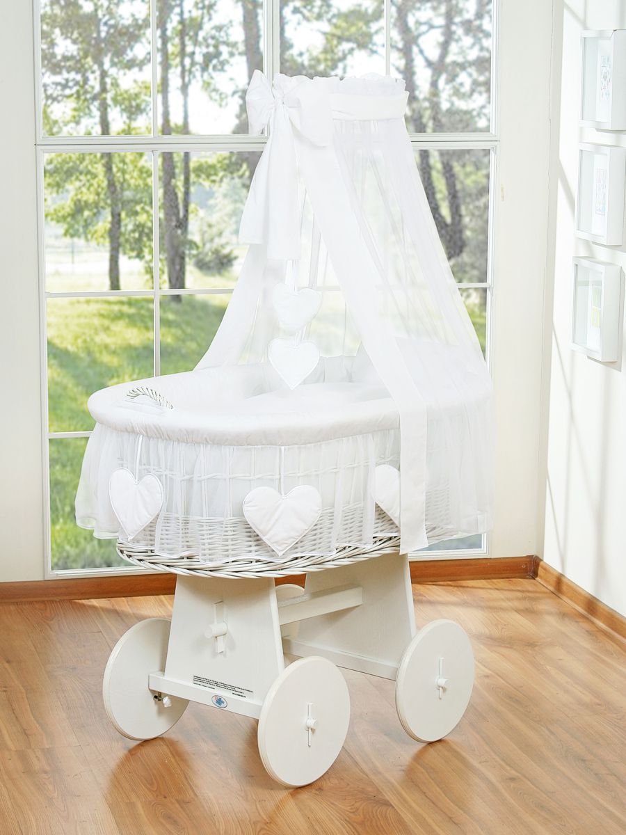 Moses Basket Wicker drape crib Amelie - white + white bedding