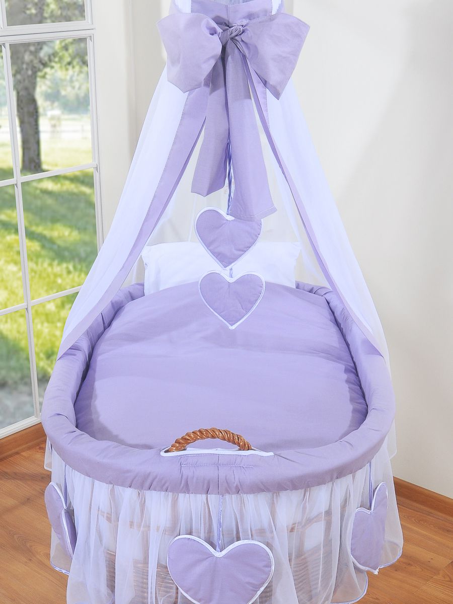 Moses Basket Wicker drape crib Amelie - natural + lilac bedding