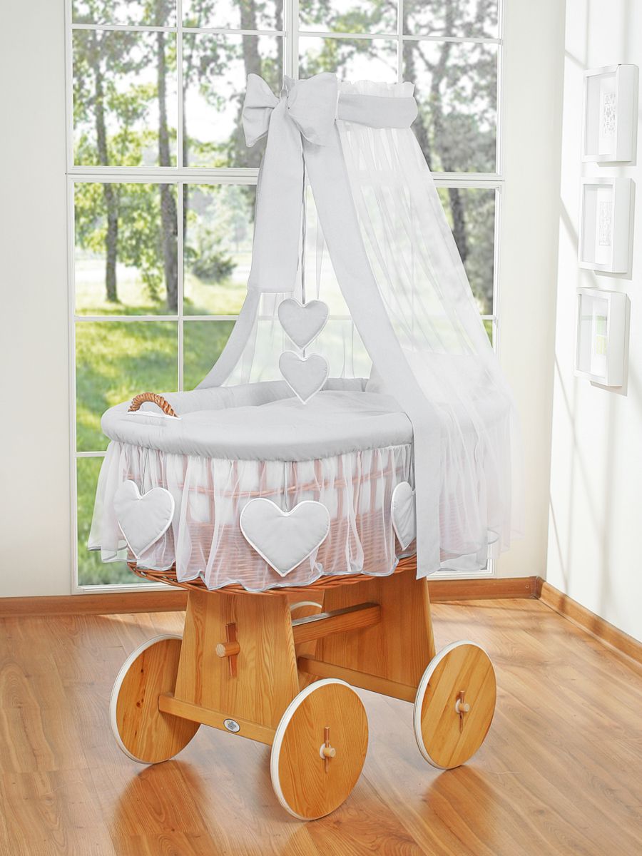 Moses Basket Wicker drape crib Amelie - natural + gray bedding