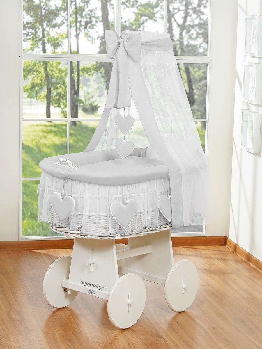 Moses Basket Wicker drape crib Amelie - white + gray bedding