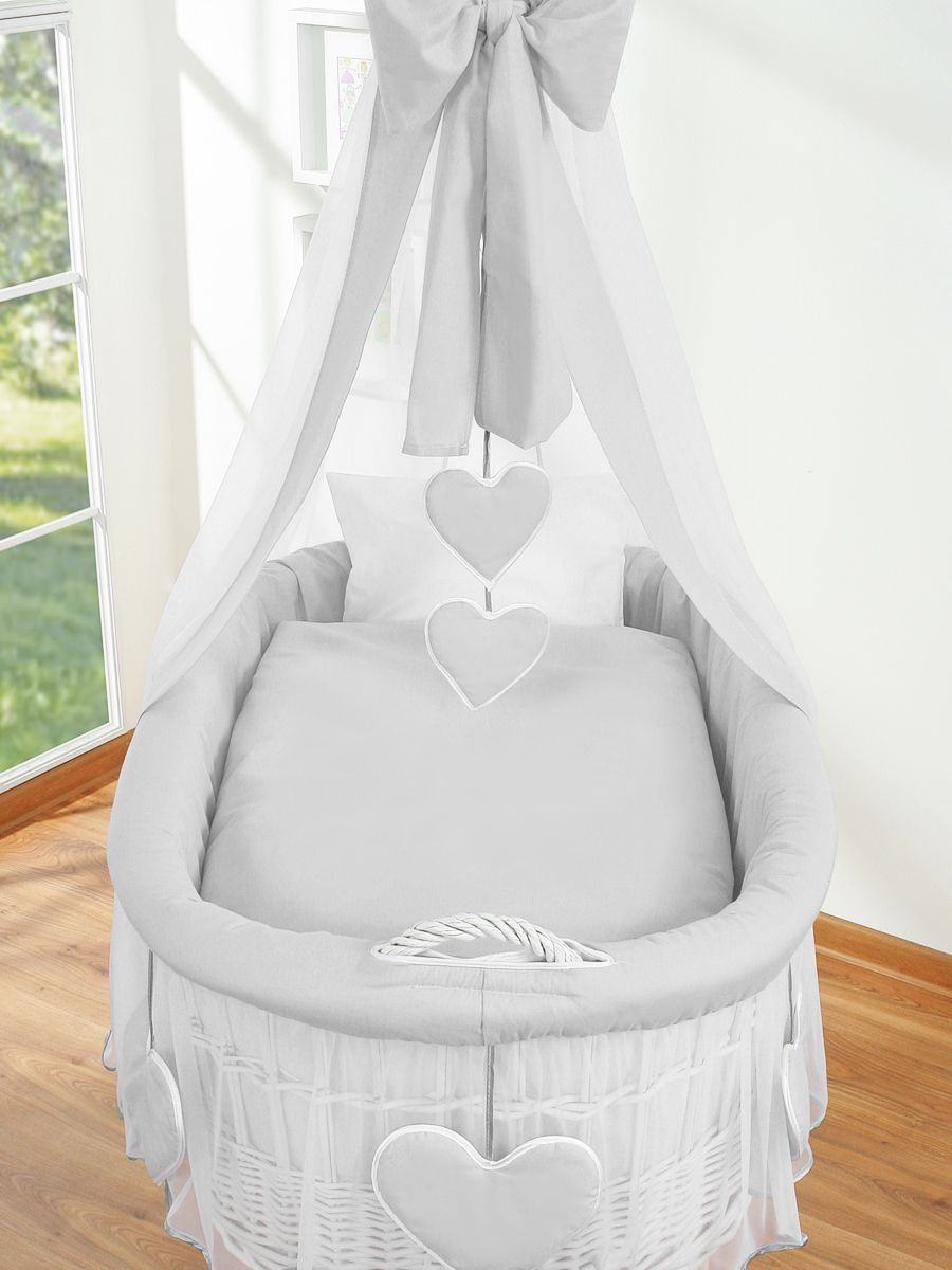 Moses Basket Wicker drape crib Amelie - natural + gray bedding