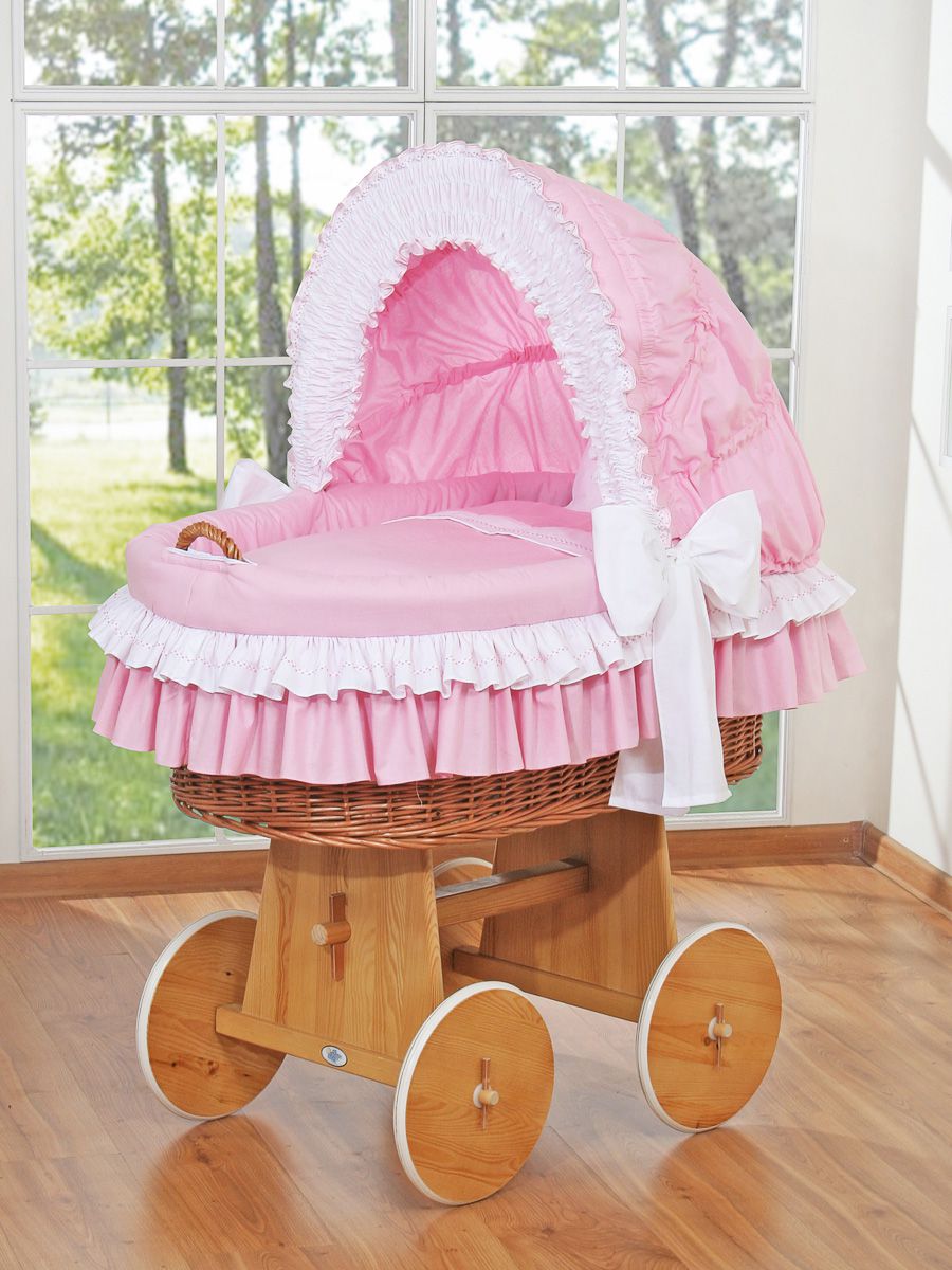 Moses Basket Wicker hood crib Bellamy - natural + pink bedding