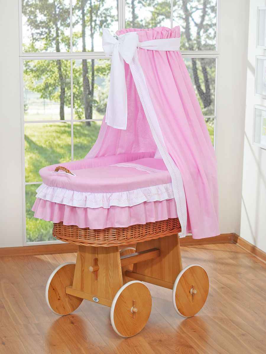 Moses Basket Wicker drape crib Bellamy - natural + pink bedding
