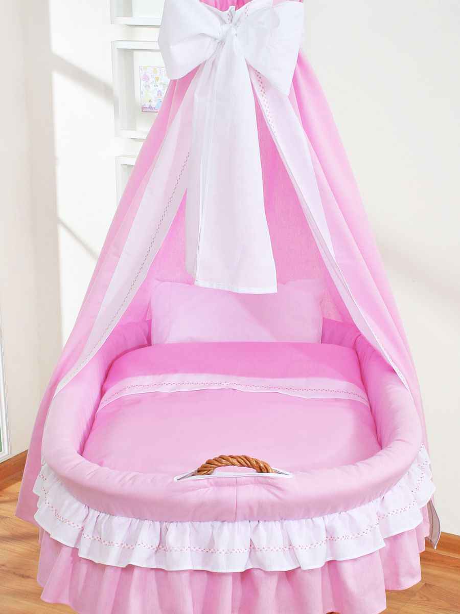 Moses Basket Wicker drape crib Bellamy - natural + pink bedding