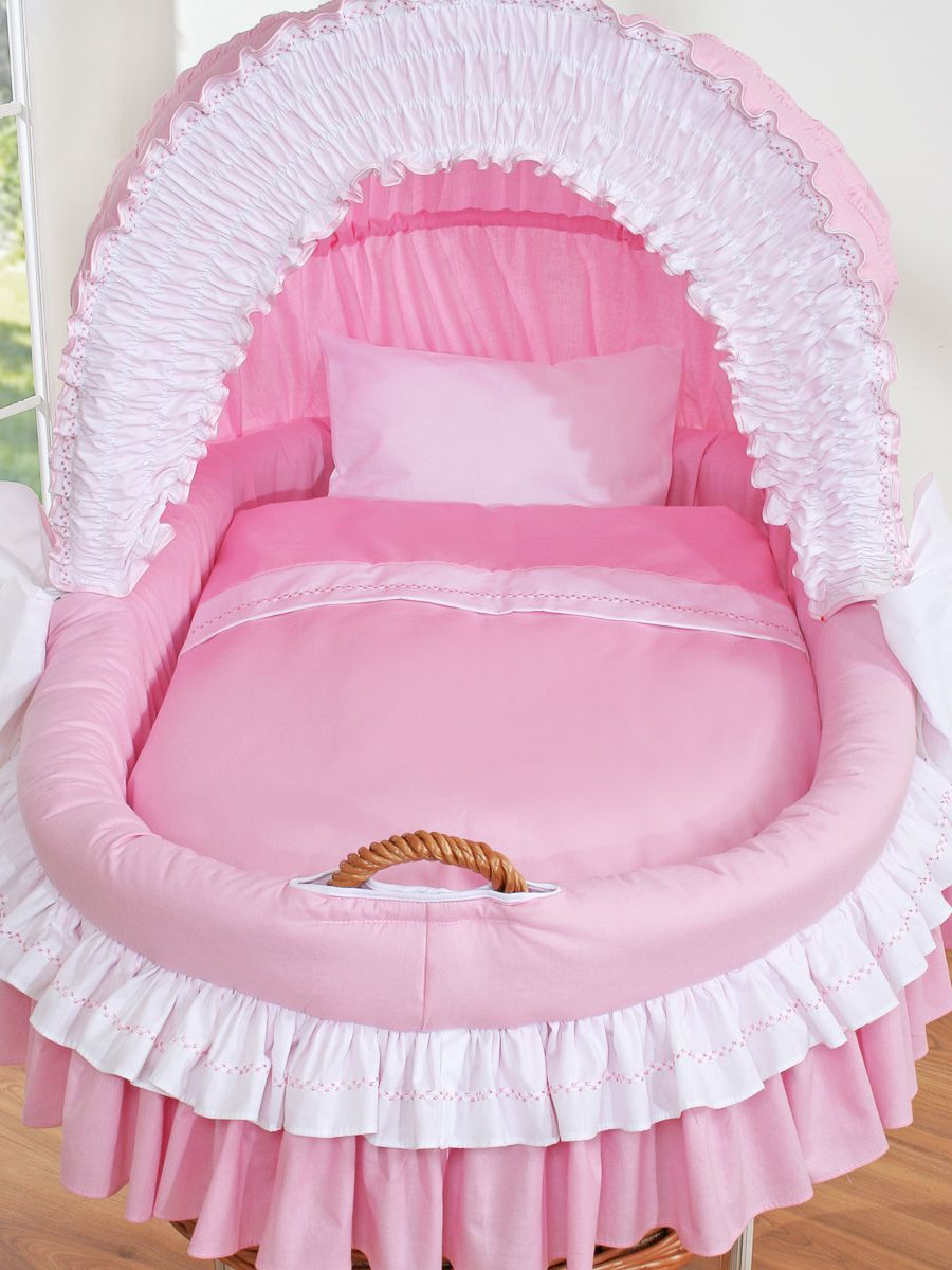 Moses Basket Wicker hood crib Bellamy - natural + pink bedding
