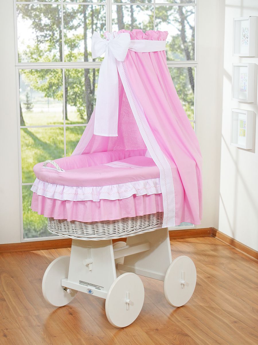 Moses Basket Wicker drape crib Bellamy - white + pink bedding