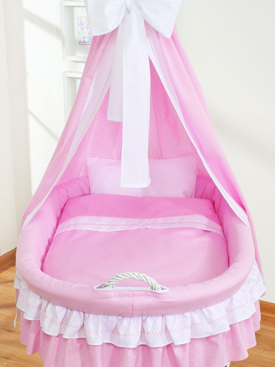 Moses Basket Wicker drape crib Bellamy - white + pink bedding