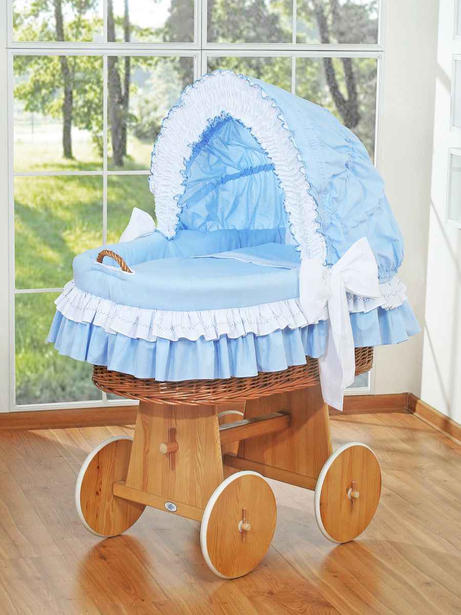 Moses Basket Wicker hood crib Bellamy - natural + blue bedding