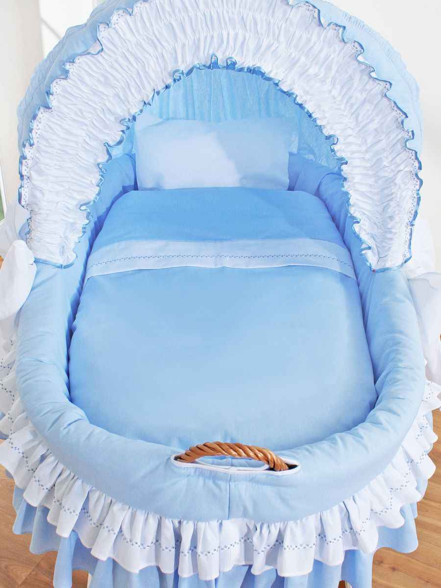 Moses Basket Wicker hood crib Bellamy - natural + blue bedding
