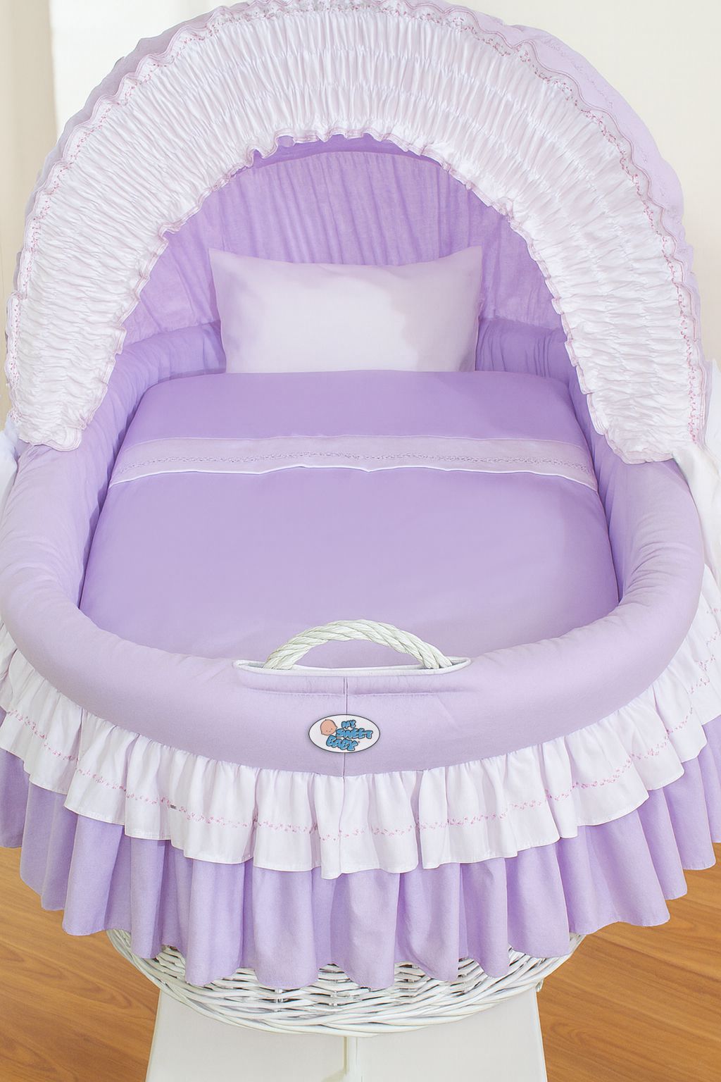 Moses Basket Wicker hood crib Bellamy - white + lila bedding