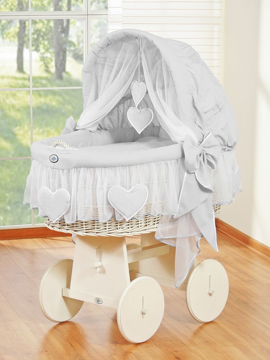 Moses Basket Wicker hood crib Amelie - white + gray bedding