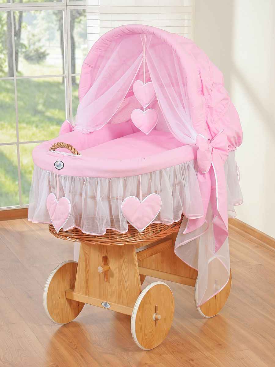 Moses Basket Wicker hood crib Amelie - natural + pink bedding