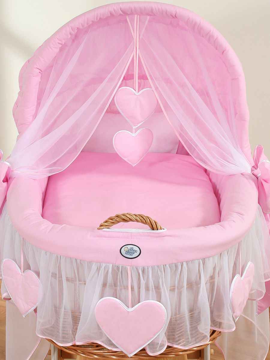 Moses Basket Wicker hood crib Amelie - natural + pink bedding