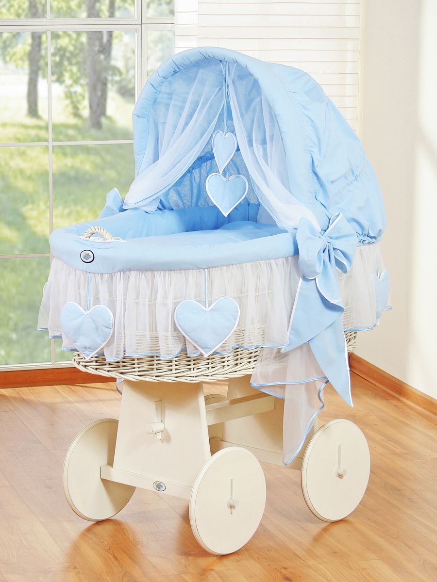 Moses Basket Wicker hood crib Amelie - white + blue bedding