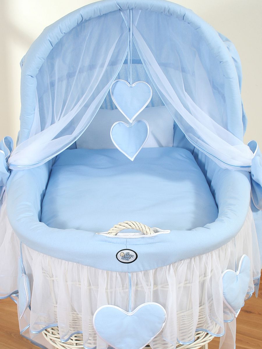 Moses Basket Wicker hood crib Amelie - white + blue bedding