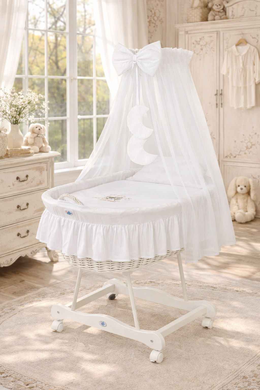 Moses Basket Wicker drape crib Good night - white + white bedding