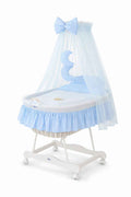 Moses Basket Wicker drape crib Good night - white + blue bedding