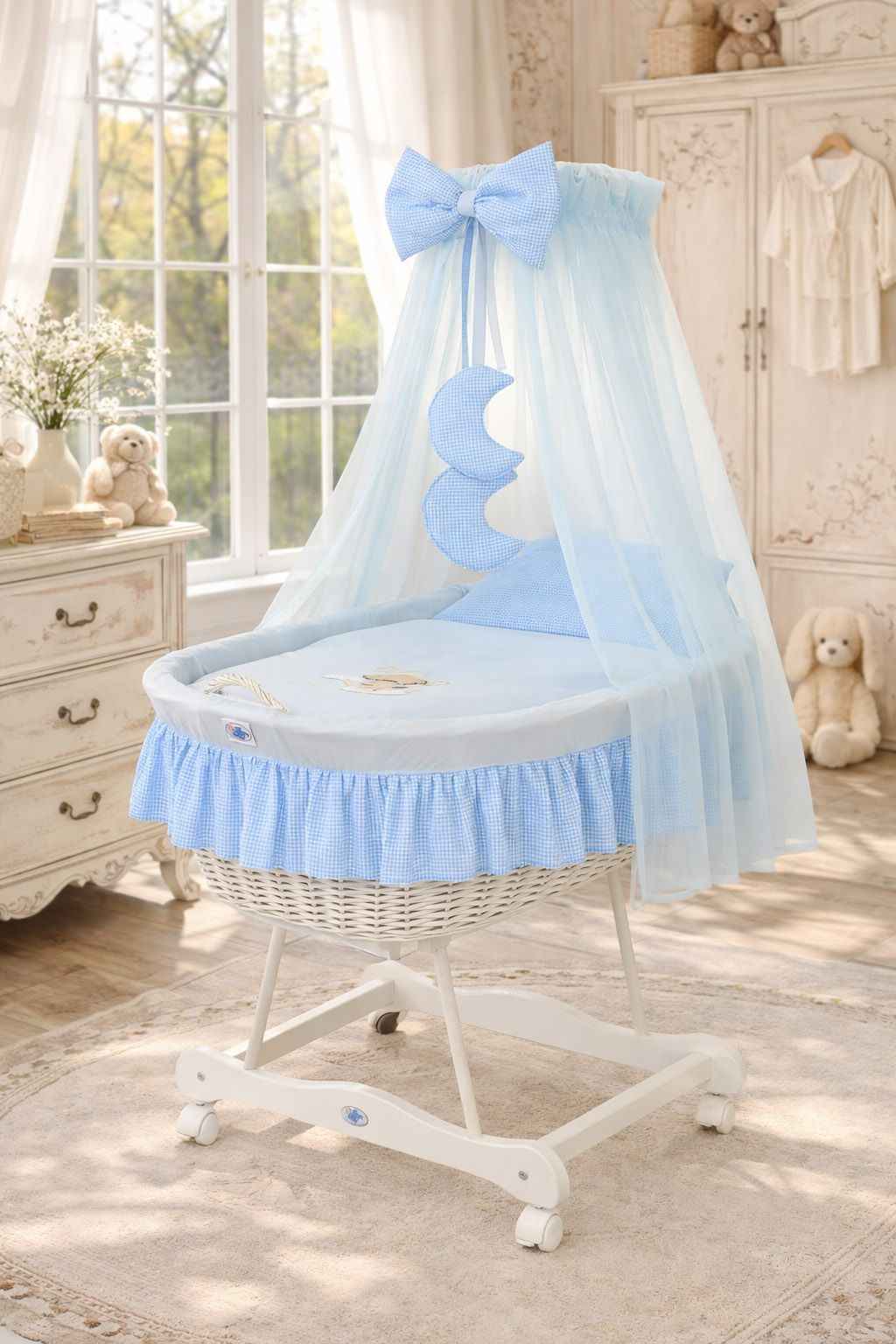 Moses Basket Wicker drape crib Good night - white + blue bedding