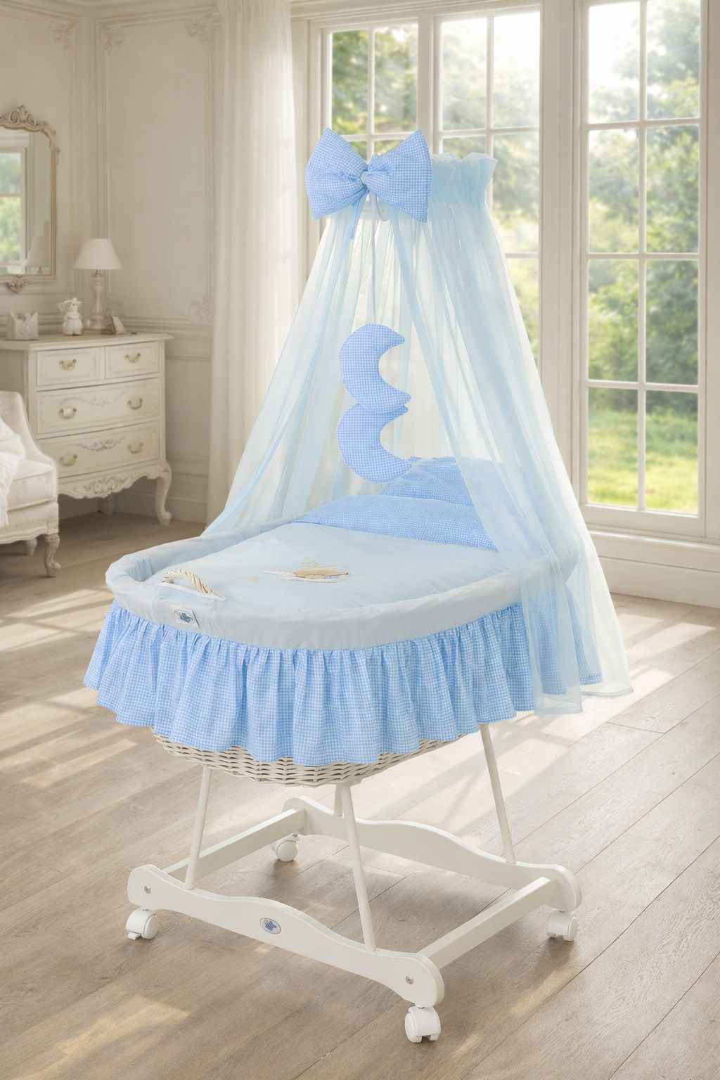 Moses Basket Wicker drape crib Good night - white + blue bedding