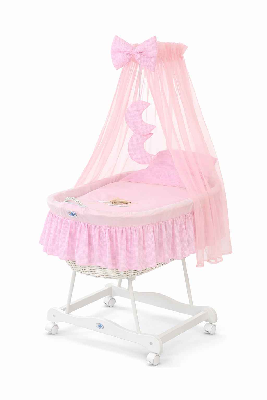 Moses Basket Wicker drape crib Good night - white + pink bedding